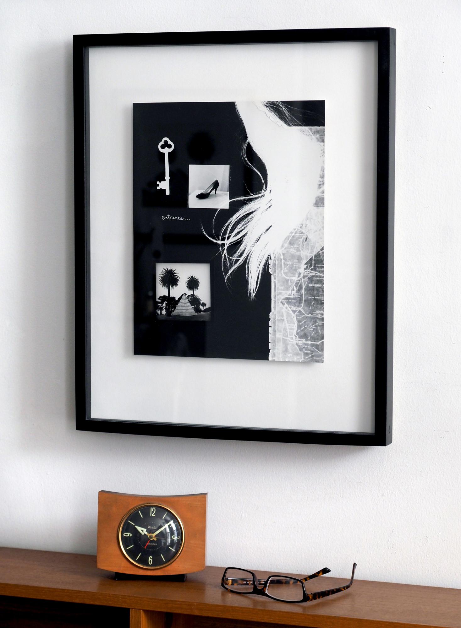 Entrance: framed abstract black & white photograph collage w/ key, shoe, trees - Abstract Photograph by Jenny Lynn