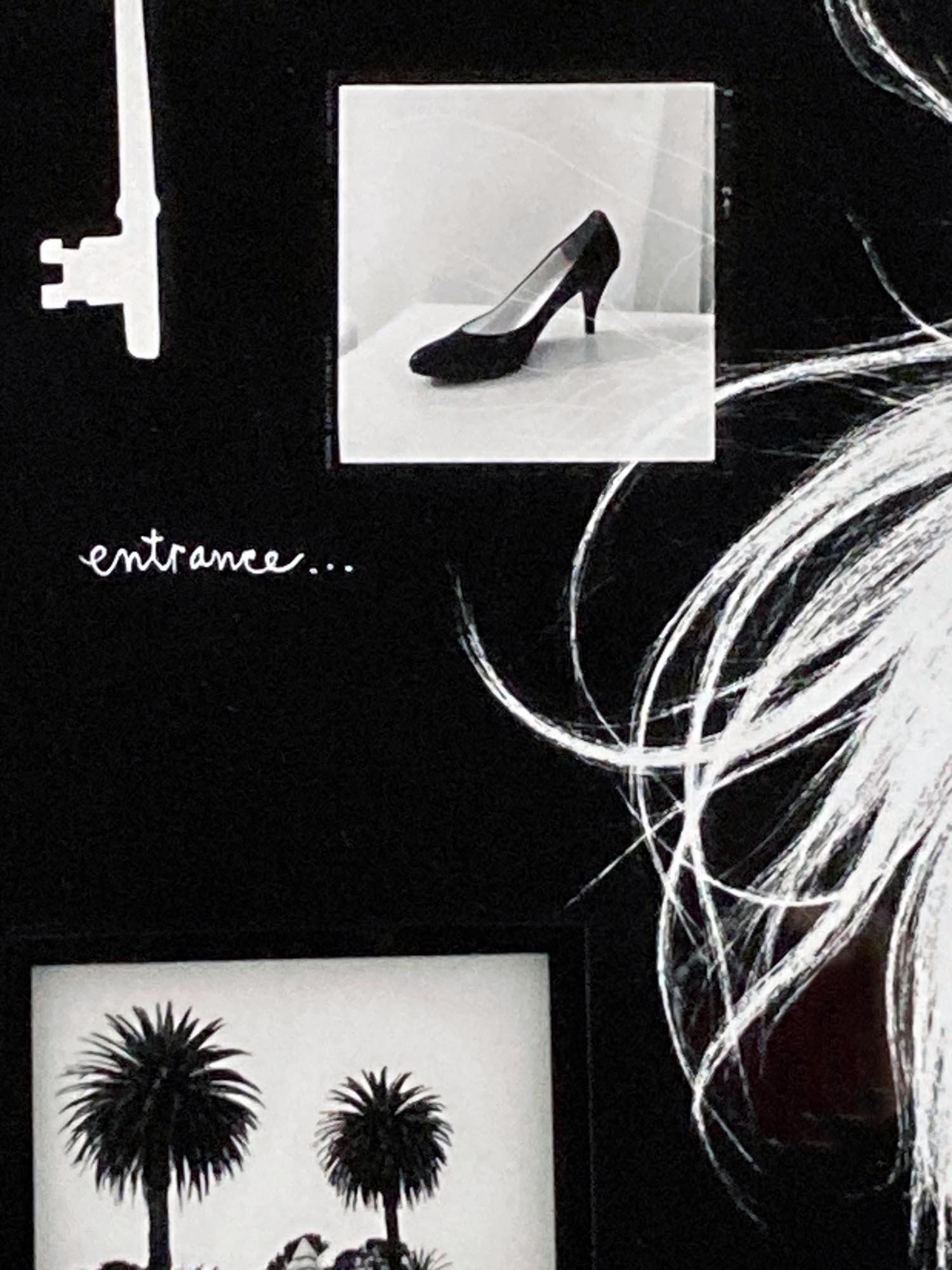 Entrance: framed abstract black & white photograph collage w/ key, shoe, trees For Sale 1