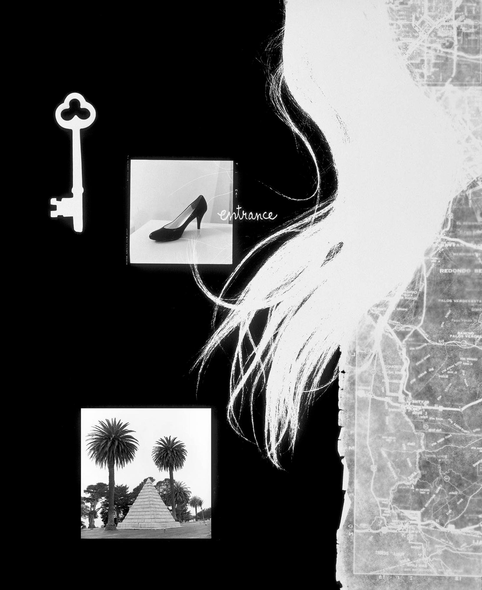 Jenny Lynn Abstract Photograph - Entrance: framed abstract black & white photograph collage w/ key, shoe, trees