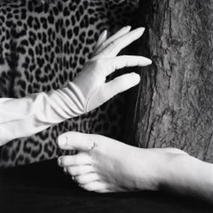 Hand & Foot: black & white photograph w/ glove, leopard print & tree bark, feet