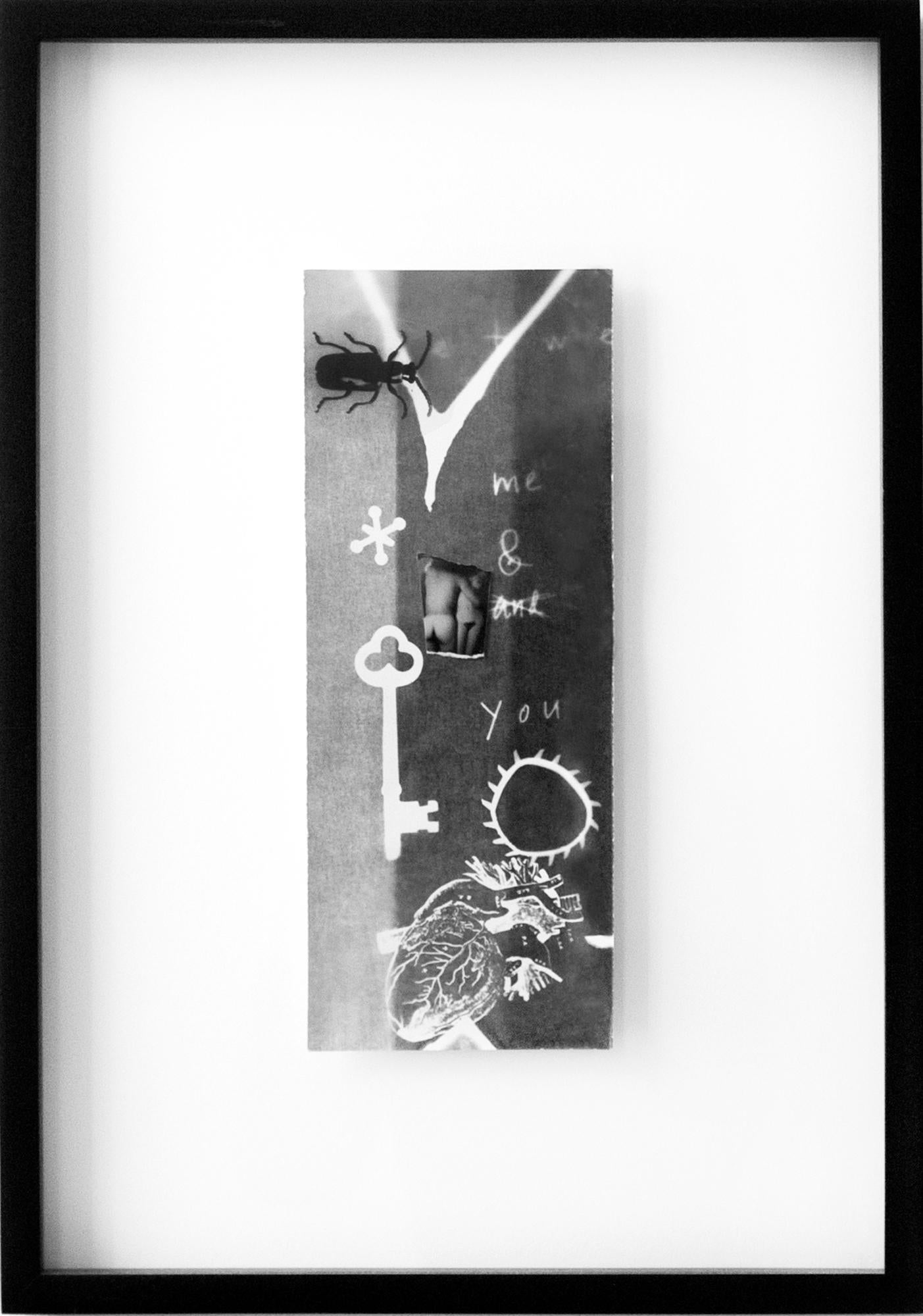 Me & You: collage fotográfico abstracto en blanco y negro enmarcado con desnudos, insecto, corazón - Photograph Abstracto de Jenny Lynn