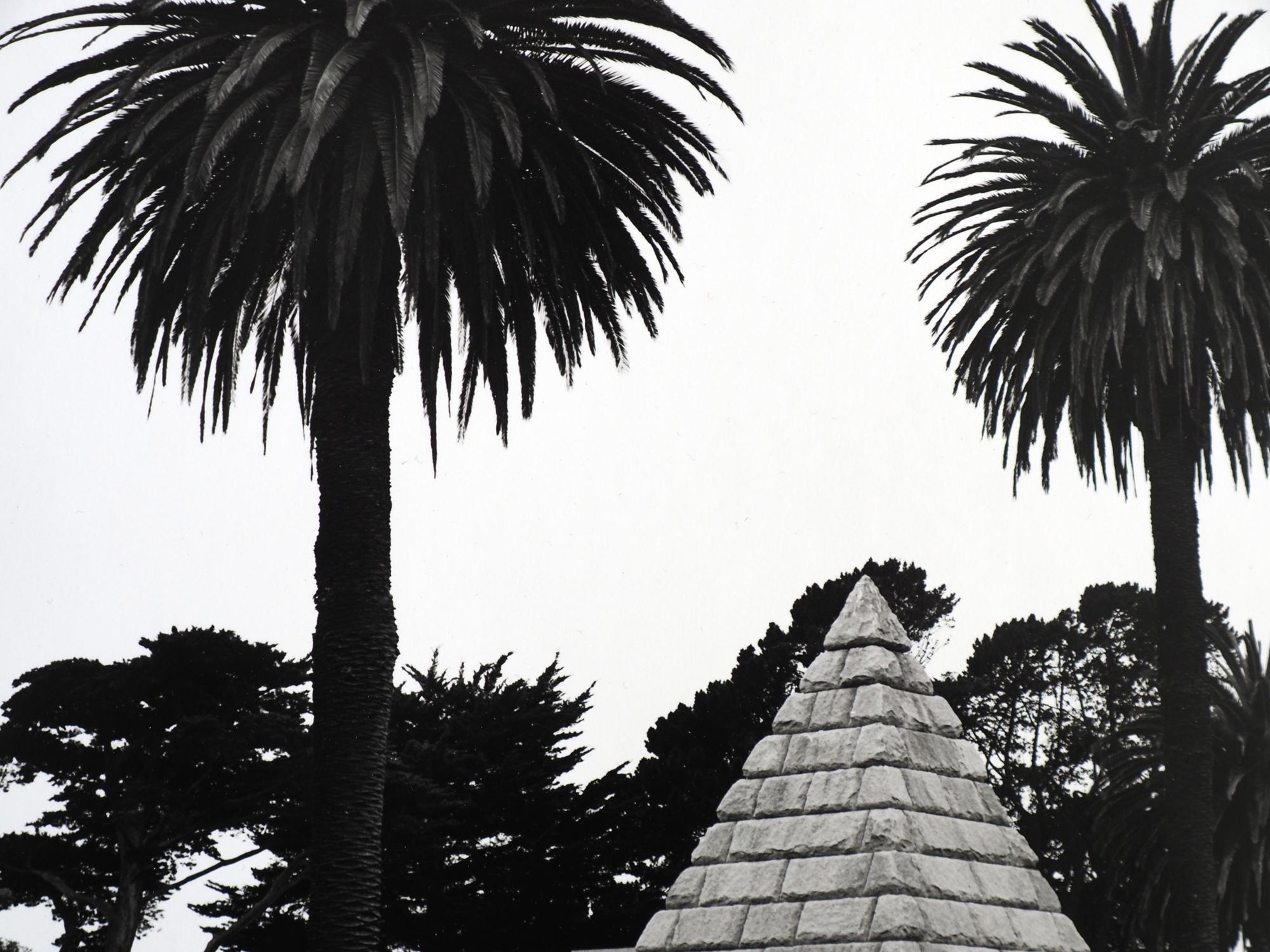 Pyramide et palmiers : photographie encadrée en noir et blanc, monument dans un paysage arboré - Photograph de Jenny Lynn