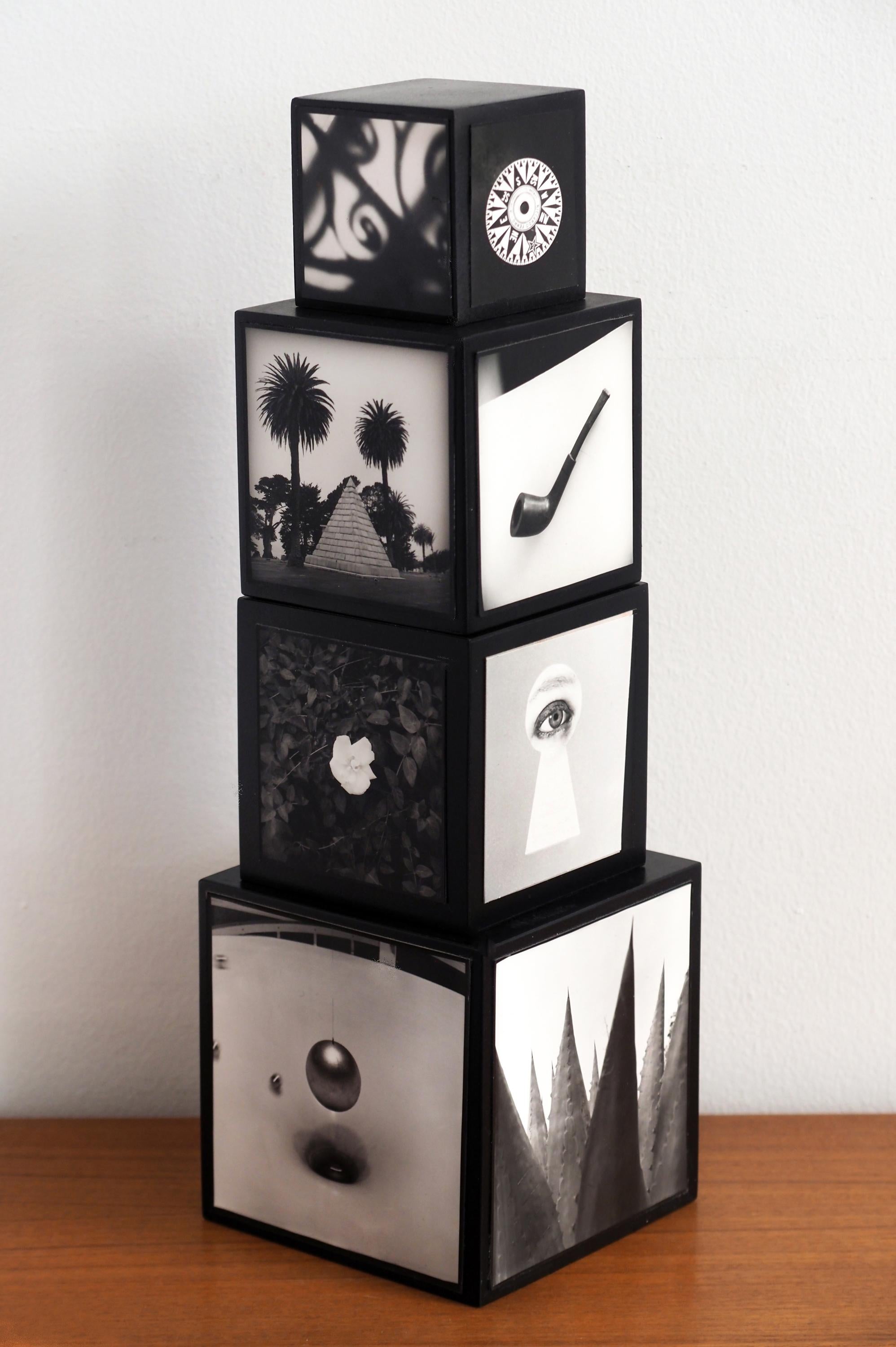 Tell-Tale PhotoTotem: stacked wood cube sculpture w/ black & white photographs - Photograph by Jenny Lynn