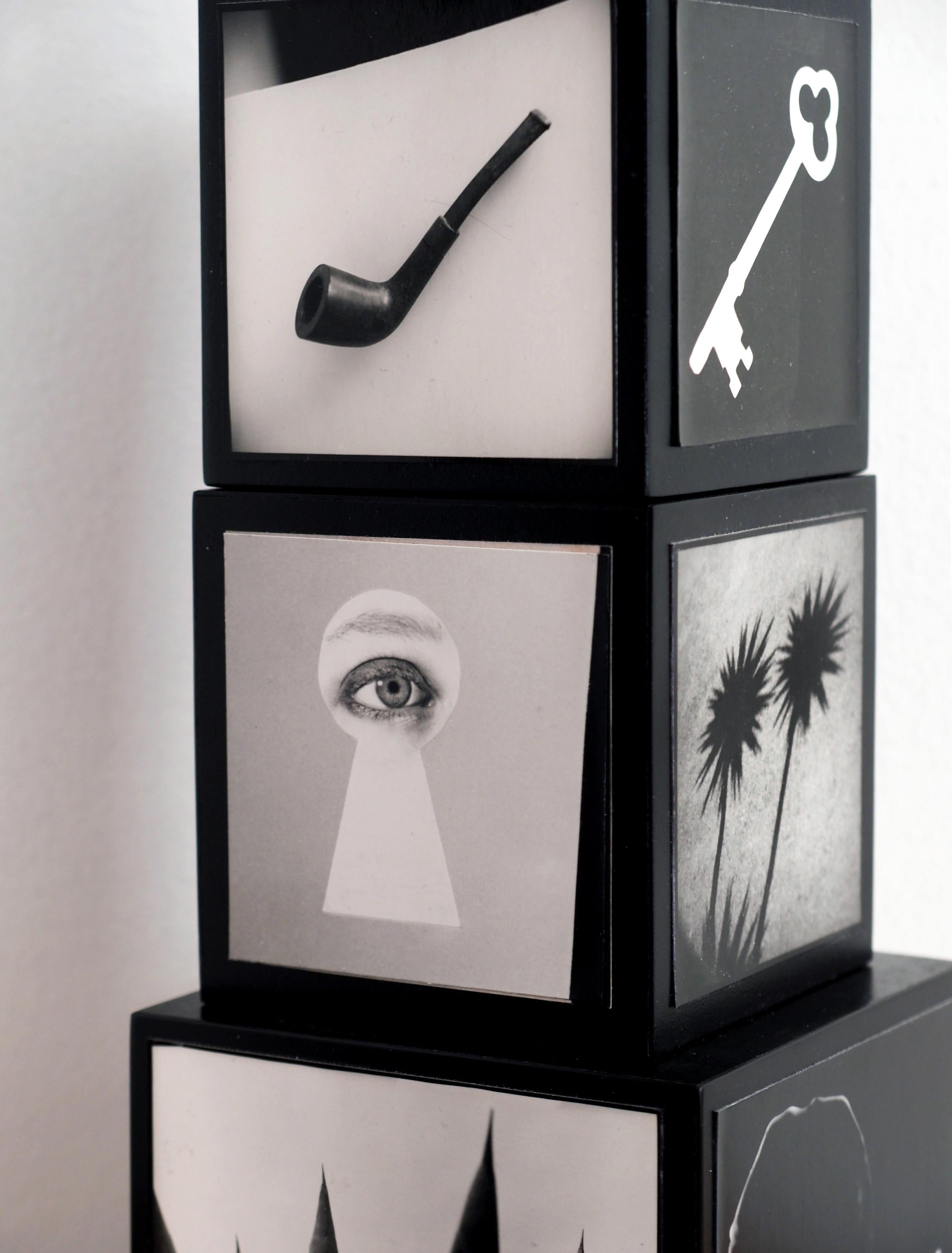 Tell-Tale PhotoTotem: stacked wood cube sculpture w/ black & white photographs - Abstract Photograph by Jenny Lynn