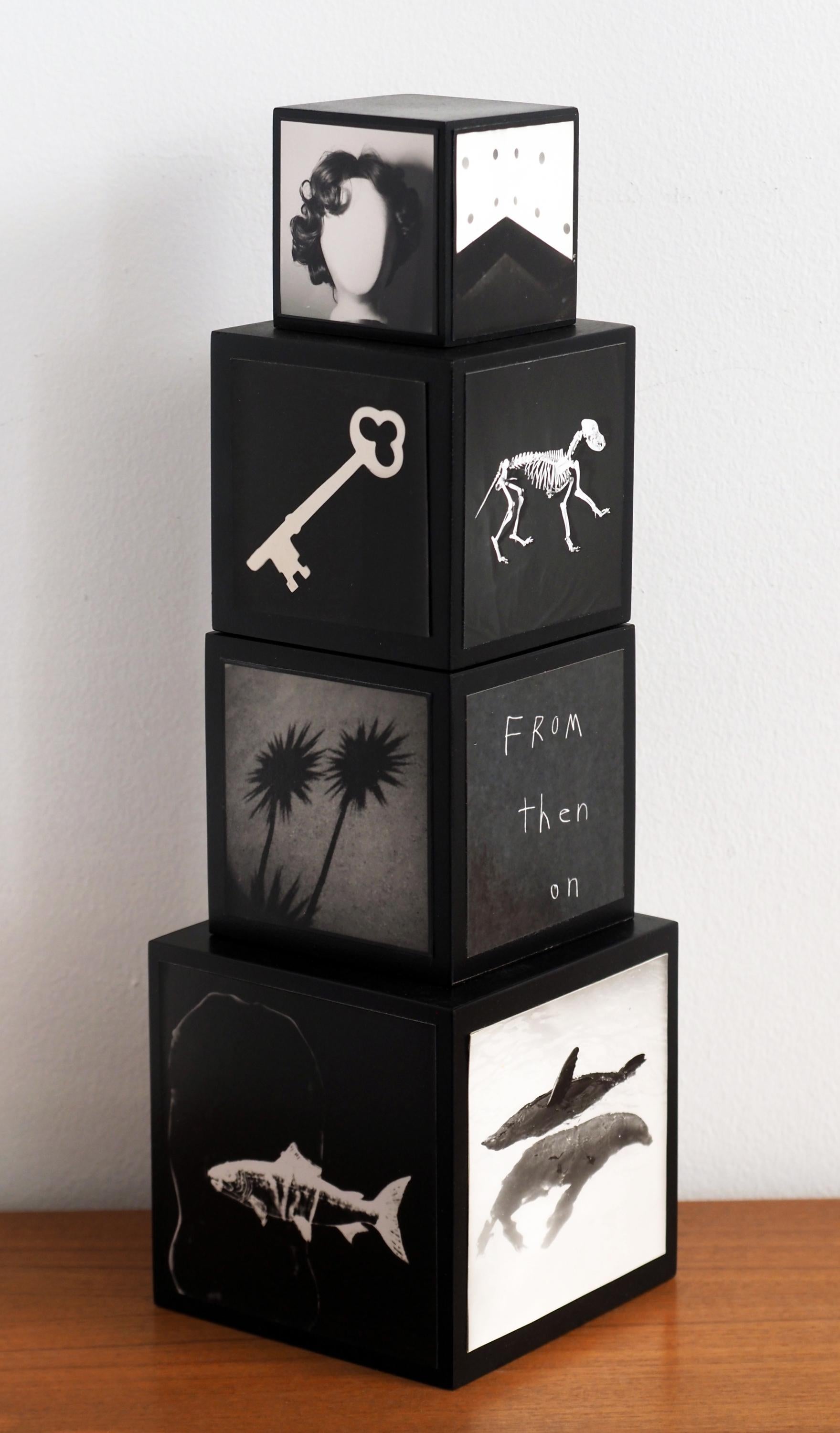 Tell-Tale PhotoTotem: stacked wood cube sculpture w/ black & white photographs
