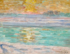 A Winter Sunset - The Lys - Huile de paysage néo-impressionniste de Jenny Montigny