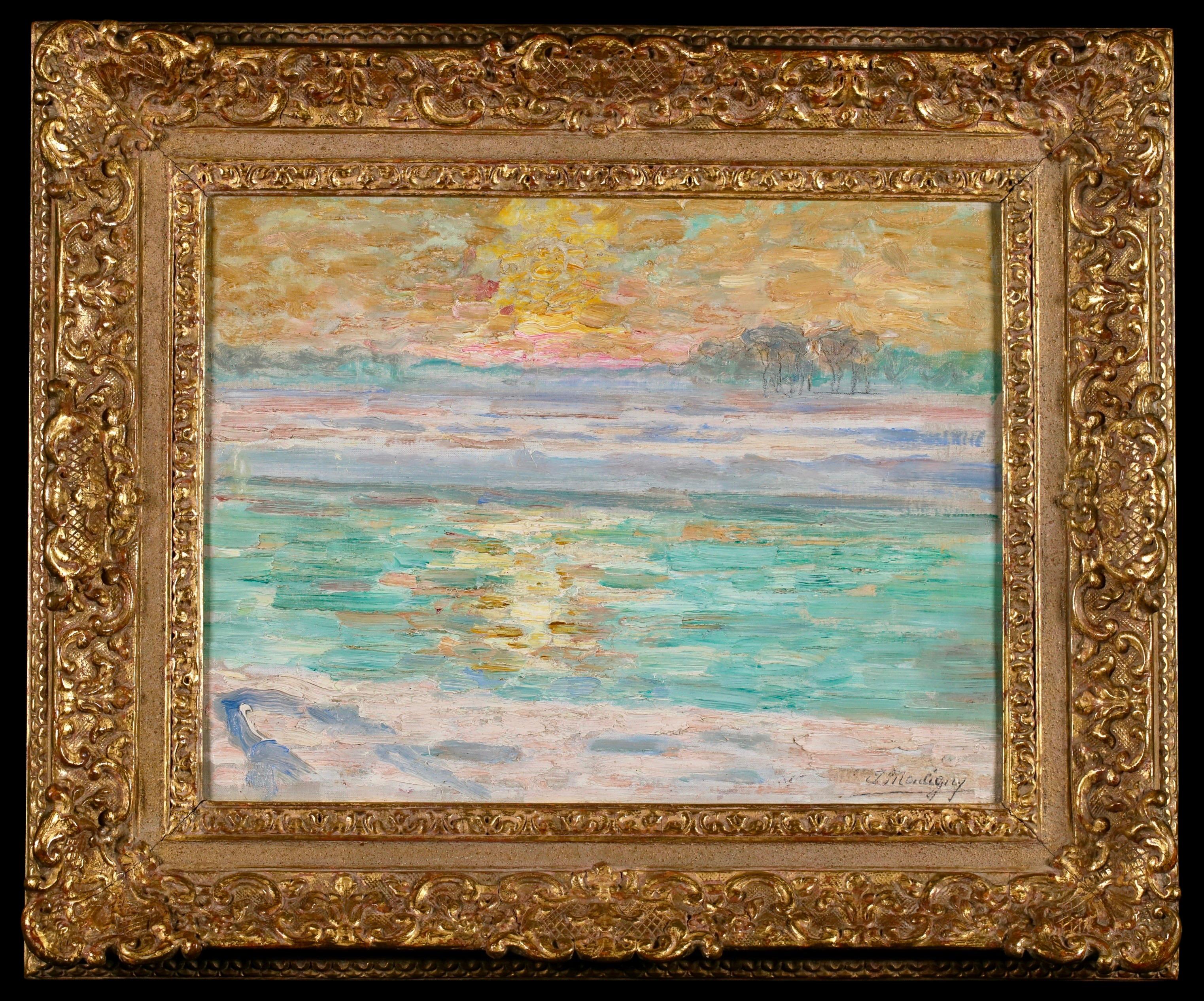 Paisaje fluvial firmado al óleo sobre tabla de artista hacia 1910 por la pintora neoimpresionista belga Jenny Montigny. La obra representa una vista del río Lys en invierno mientras se pone el sol. El río atraviesa Francia y Bélgica.

Firma:
Firmado