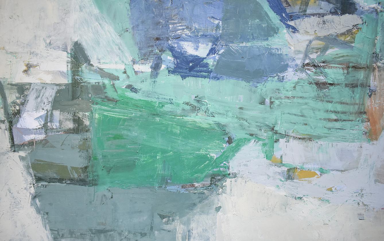 Square, abstract expressionist oil painting on canvas in aqua, teal, blue and Payne's grey with accents of green, peach and pink on a light grey background
'An Island Appears' painted by Jenny Nelson in 2019
Oil on linen
40 x 40 x 2 inches