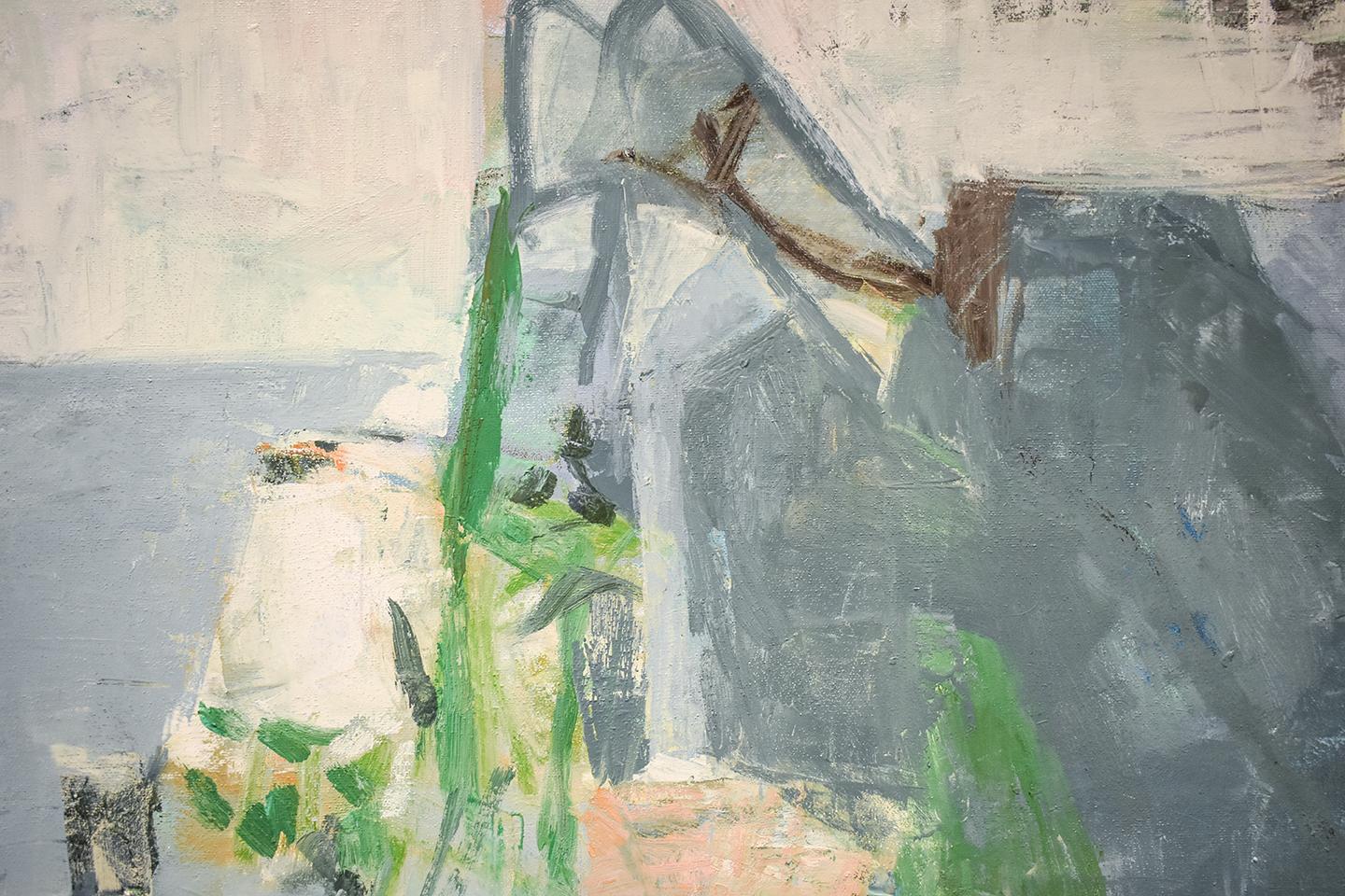 Square, abstract expressionist oil painting on canvas in light blue, paynes grey, periwinkle blue and green against a pale grey background with accents of peach
'Arrow' by Jenny Nelson
Oil on canvas, made in 2019
30 x 30 x 2 inches unframed 
sturdy