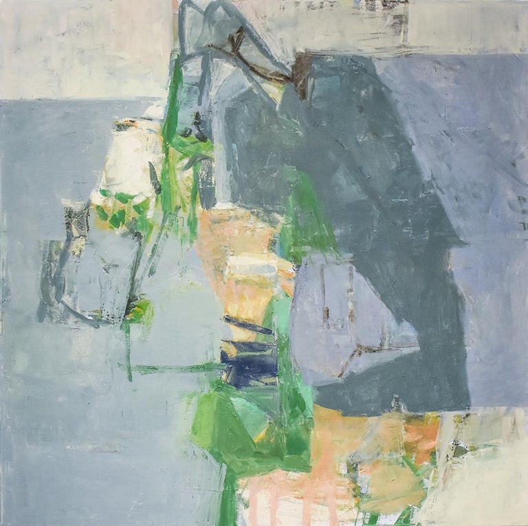 Square, abstract expressionist oil painting on canvas in light blue, paynes grey, periwinkle blue and green against a pale grey background with accents of peach
'Arrow' by Jenny Nelson
Oil on canvas, made in 2019
30 x 30 x 2 inches unframed 
sturdy