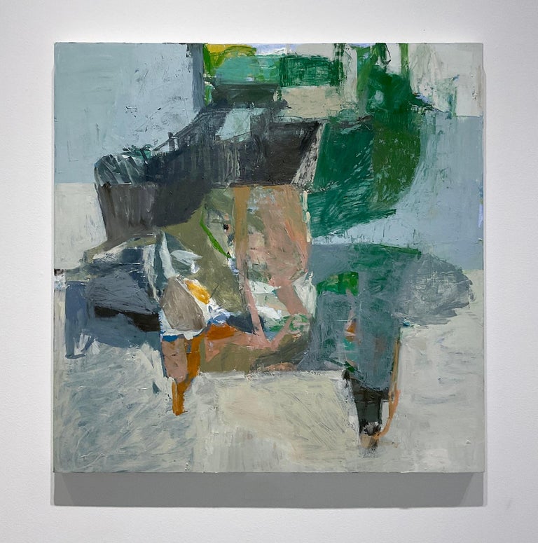Square abstract expressionist oil painting on canvas in dusty blue, stone blue, teal, dusty pink, gray, and forest green, with accents of yellow and light blue 
'Bloom I' painted by Hudson Valley artist, Jenny Nelson, in 2021
Oil on canvas
30 x 30 x