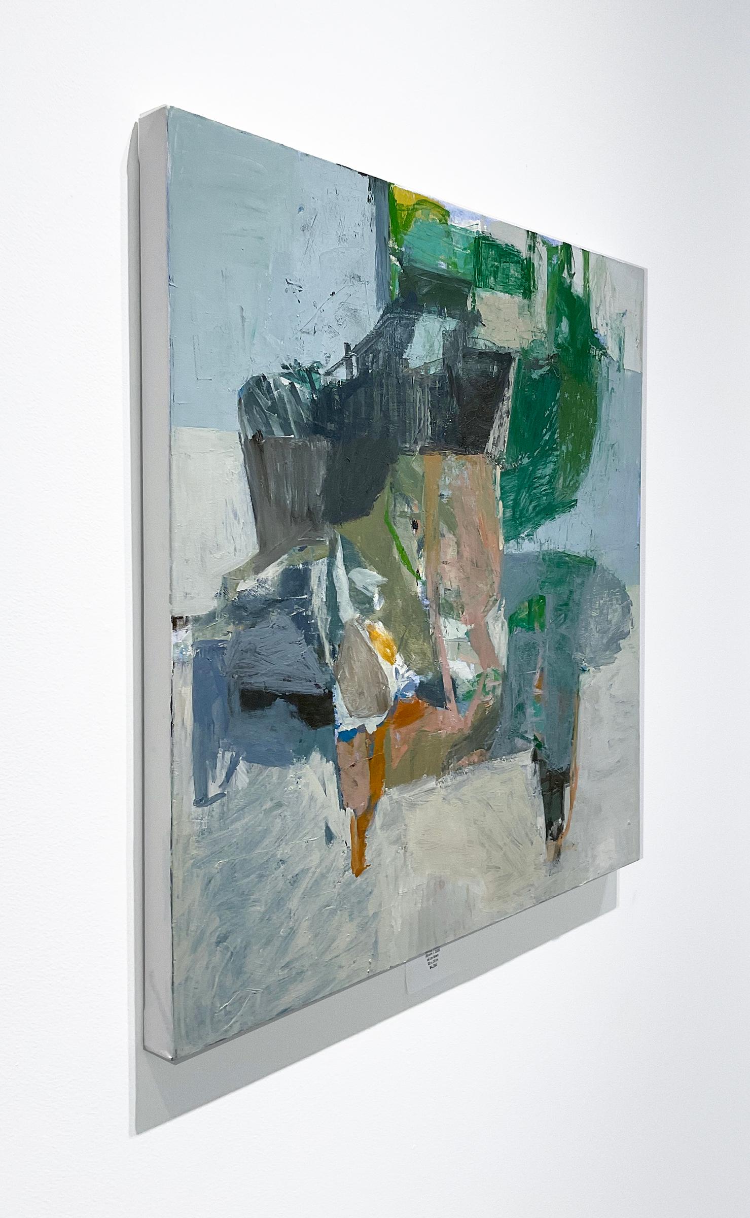 Bloom I : Peinture expressionniste abstraite sur toile en bleu, vert, gris et rose - Expressionnisme abstrait Painting par Jenny Nelson