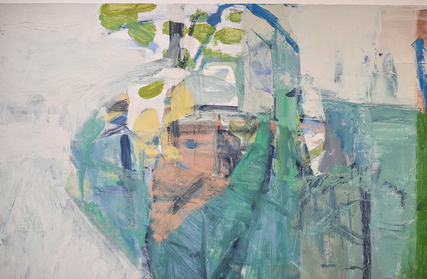 Quadratisches, abstraktes, expressionistisches Ölgemälde auf Leinwand in Aqua, Teal, Blau und Grün auf hellem Grau mit Akzenten in Gelb, Pfirsich und Mauve
Delta