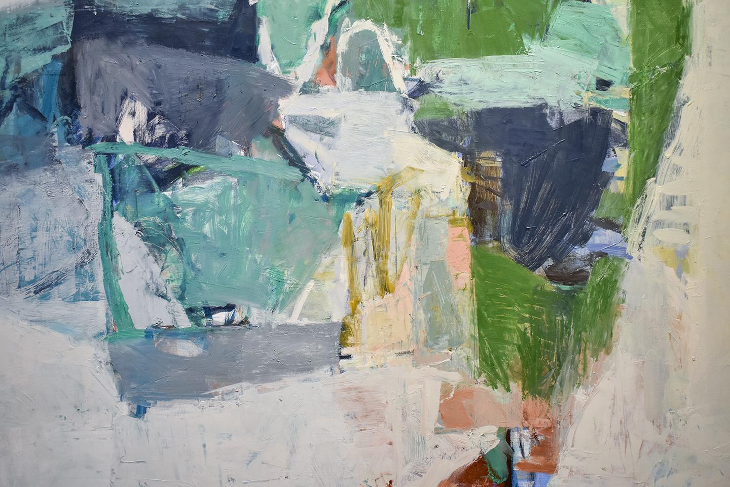 Square, abstract expressionist oil painting on canvas in aqua, teal, blue, and green against pale grey with accents of yellow, peach, and mauve
'Delta' by Jenny Nelson
Oil on linen, made in 2018
48 x 48 x 2 inches unframed 
sturdy Aluminum stretcher
