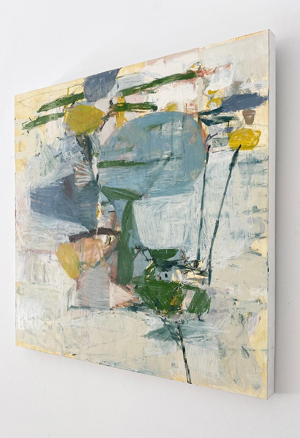 Golden (Abstract Square oil Painting on Canvas with Blues and Yellows) - Beige Abstract Painting by Jenny Nelson