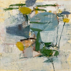 Golden (Abstract Square oil Painting on Canvas with Blues and Yellows)