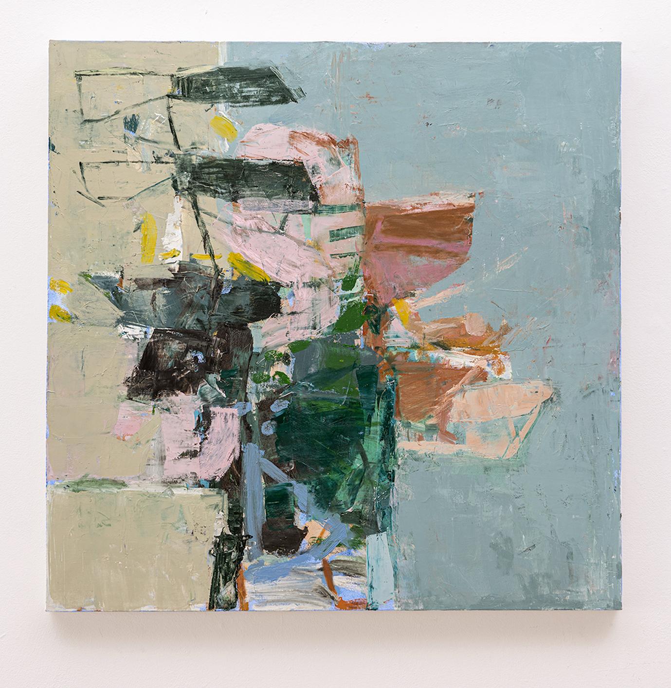 Meet June (Abstrakte expressionistisches Ölgemälde auf Leinwand in Grau, Rosa und Grün) – Painting von Jenny Nelson