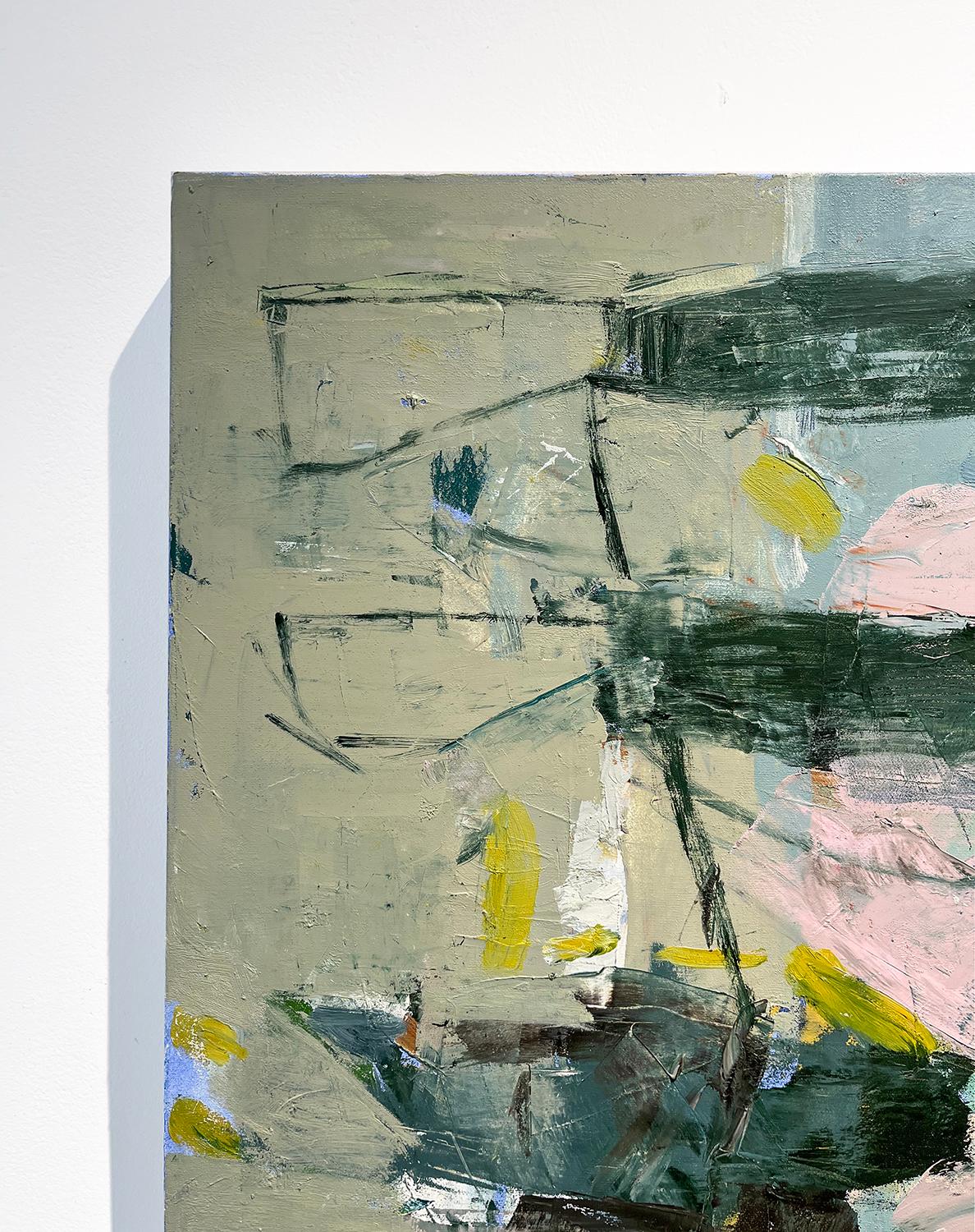 Square abstract expressionist oil painting on canvas in stone blue, green, dusty pink, and brown, with hints of orange throughout
'Meet June' painted by Hudson Valley artist, Jenny Nelson, in 2023
Oil on canvas
30 x 30 x 1 inches, with white painted