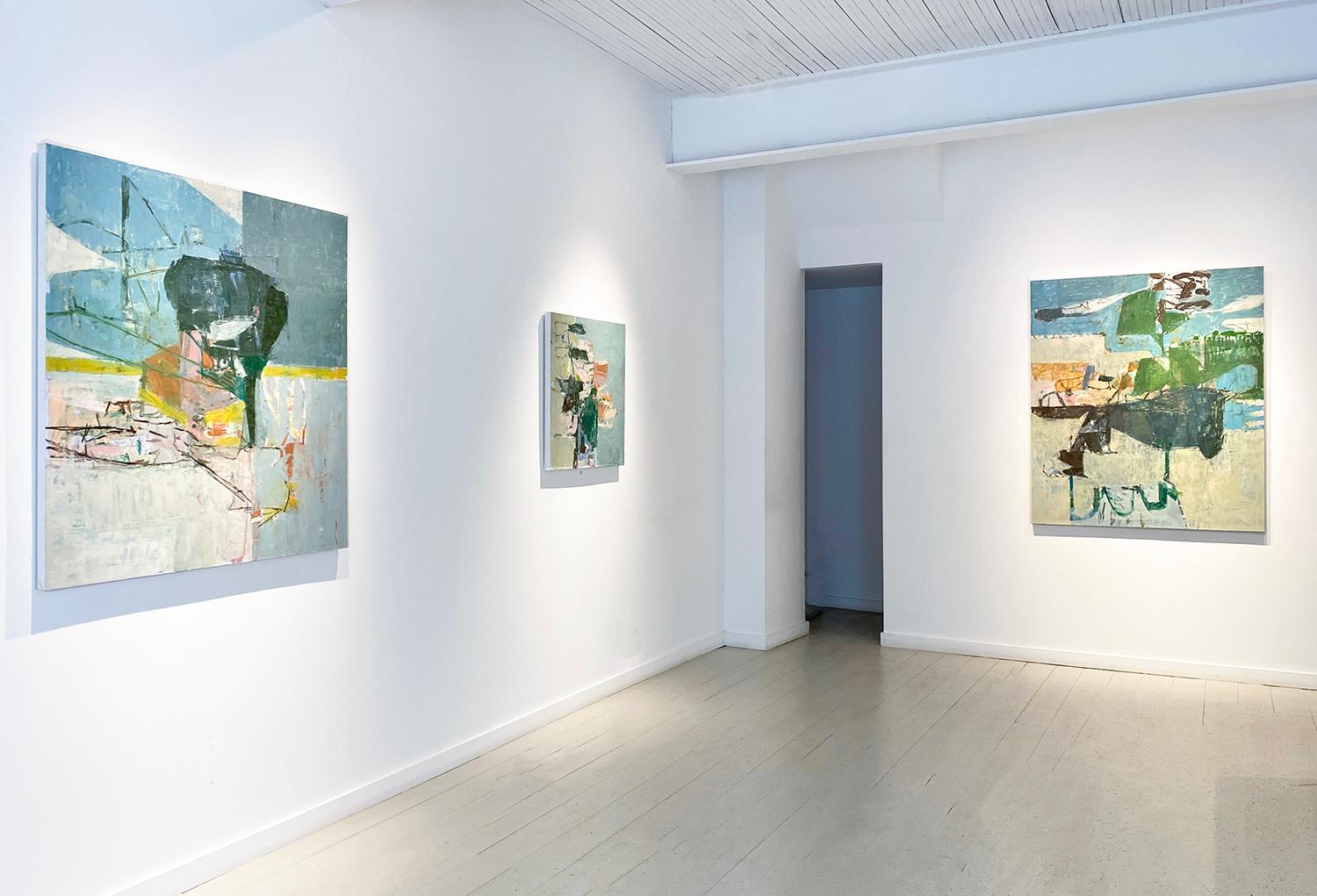 Meet June (Abstrakte expressionistisches Ölgemälde auf Leinwand in Grau, Rosa und Grün) im Angebot 3