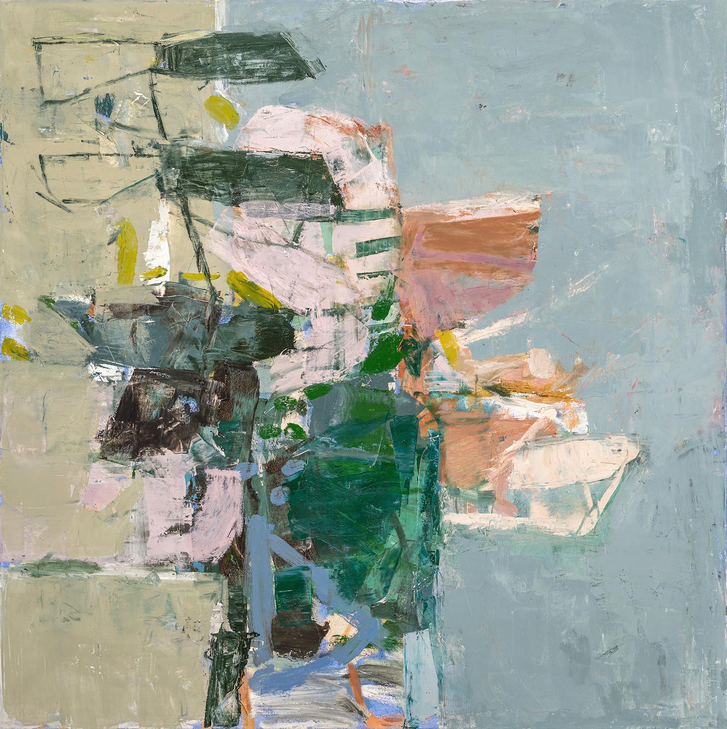 Jenny Nelson Still-Life Painting – Meet June (Abstrakte expressionistisches Ölgemälde auf Leinwand in Grau, Rosa und Grün)