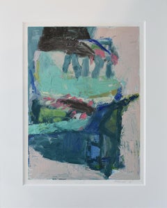No. 2: Abstract Expressionist Oil on Canvas Paper in Blue, Teal & Light Pink