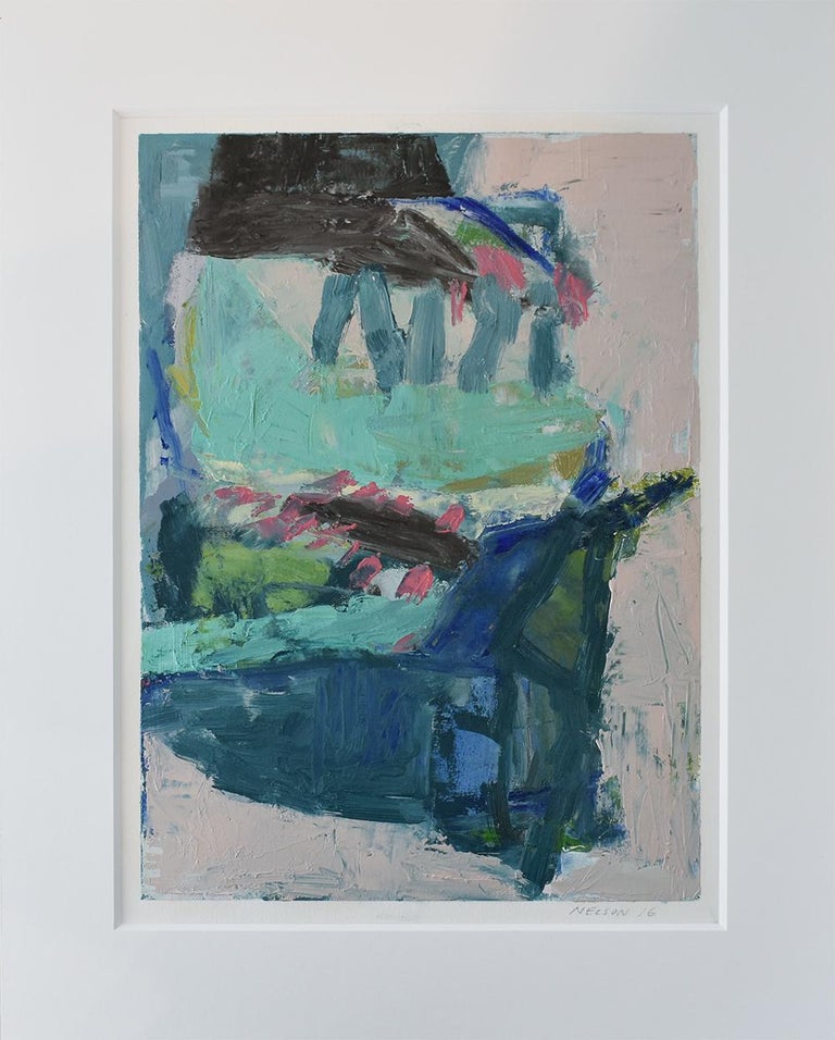 Abstract expressionist style painting on canvas paper in teal, dark blue, and pink with accents of green
'Untitled 2 (Blue & Pink)' by Jenny Nelson
Oil on canvas paper, Painted in 2016
14.5 x 10.5 inch painting in 20 x 16 inch white 8-ply mat

This
