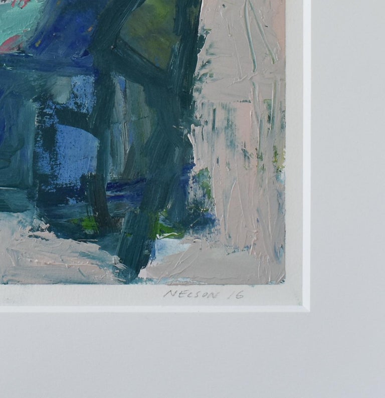 No. 2: Abstract Expressionist Oil on Canvas Paper in Blue, Teal & Light Pink For Sale 1
