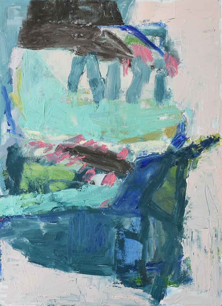 No. 2: Abstract Expressionist Oil on Canvas Paper in Blue, Teal & Light Pink - Painting by Jenny Nelson