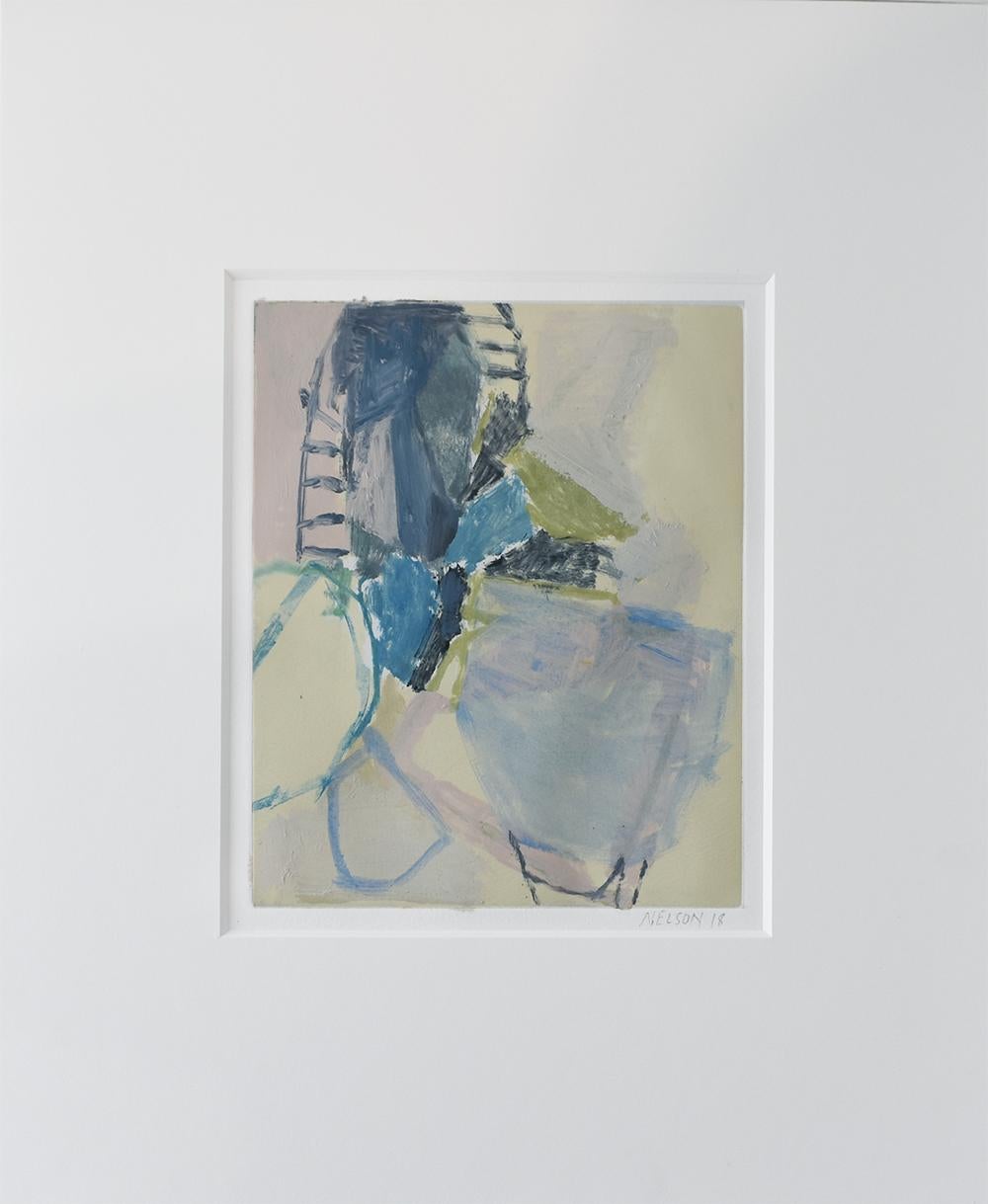 No. 4: Small Abstract Expressionist Monotype in Navy Blue, Soft Yellow & Green - Print by Jenny Nelson