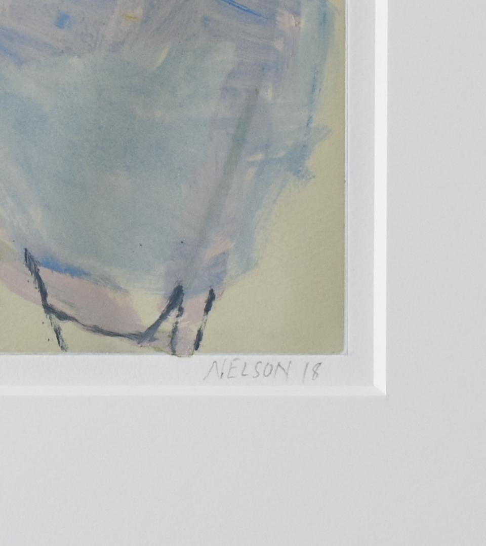 Nr. 4: Monotypie des abstrakten Expressionismus in Marineblau, Weichem Gelb und Grün (Grau), Abstract Print, von Jenny Nelson