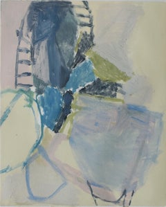 Used No. 4: Small Abstract Expressionist Monotype in Navy Blue, Soft Yellow & Green