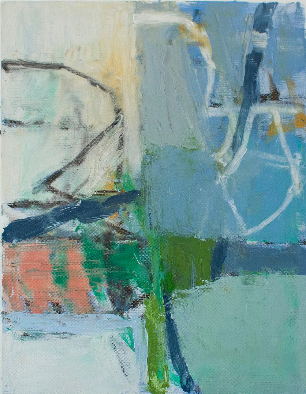 Jenny Nelson Abstract Painting - No. 5 (Blue & Green): Small Abstract Expressionist Painting on Canvas Paper