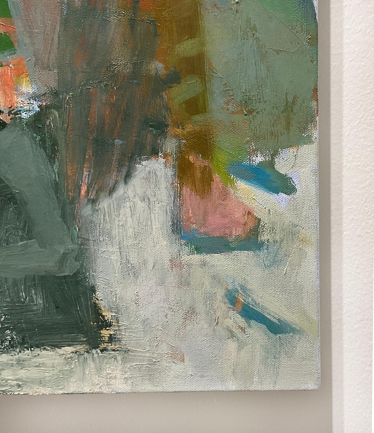 Square abstract expressionist oil painting on canvas in dusty blue, stone blue, teal, dusty pink, gray, and forest green, with hints of orange throughout
'Pink and Stripes' painted by Hudson Valley artist, Jenny Nelson, in 2021
Oil on canvas
20 x 20