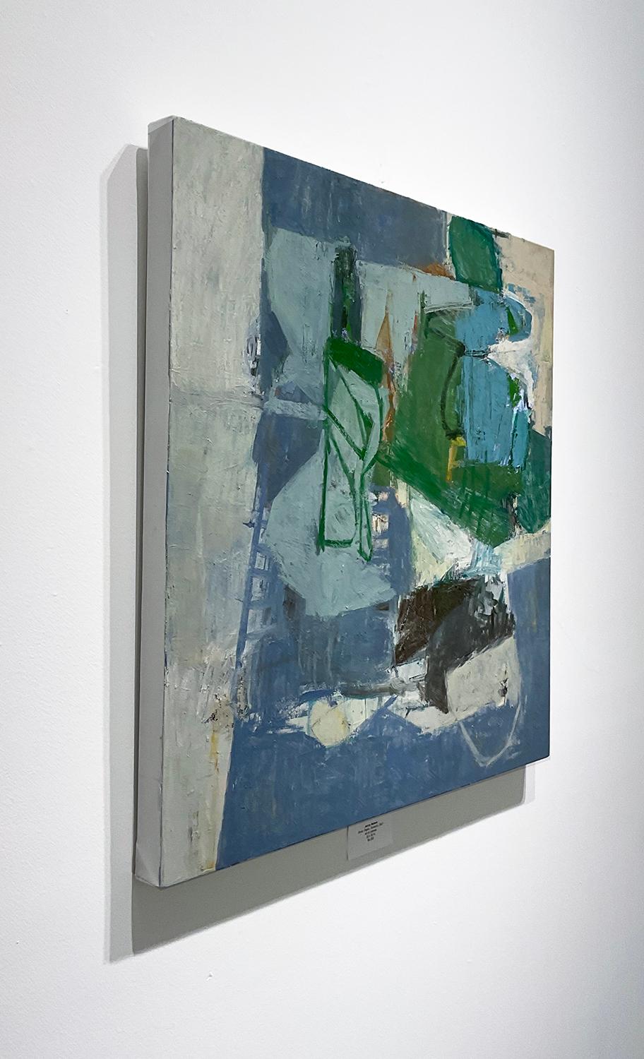 Square abstract expressionist oil painting on canvas in dusty blue, stone blue, teal, and forest green, with accents of grey, off-white, and black
'Rock, Paper, Scissors' painted by Hudson Valley artist, Jenny Nelson, in 2021
Oil on canvas
30 x 30 x