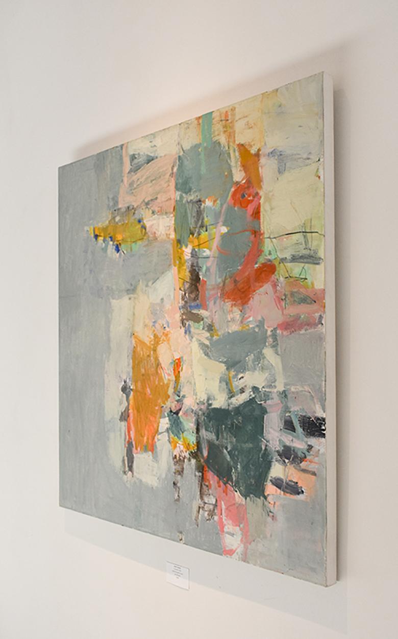 Quadrato, pittura astratta espressionista a olio su tela con tonalità pastello di blu, rosa e grigio, con punte di giallo, fucsia, verde acqua e arancione. 
40 x 40 x 2 pollici senza cornice 
robuste barelle in alluminio, firmate sul retro
filo e