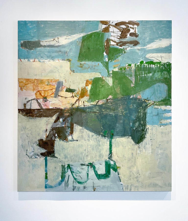 Tide Goes Out: Abstract Expressionist Oil Painting in Blue, Grey, Green, Beige  For Sale 1