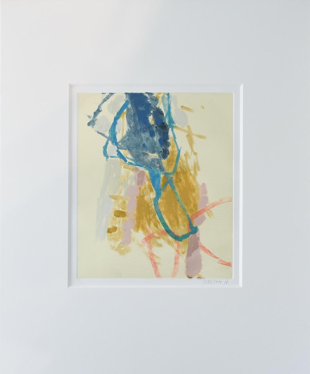 Untitled 3: Abstract Monotype on Paper in Yellow, Pink, & Blue with 8 Ply Mat - Print by Jenny Nelson