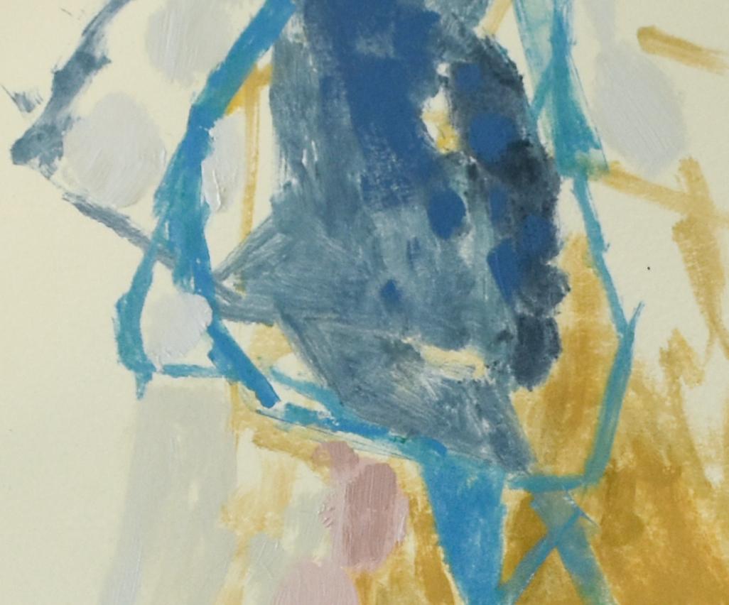 Untitled 3: Abstract Monotype on Paper in Yellow, Pink, & Blue with 8 Ply Mat - Beige Abstract Print by Jenny Nelson
