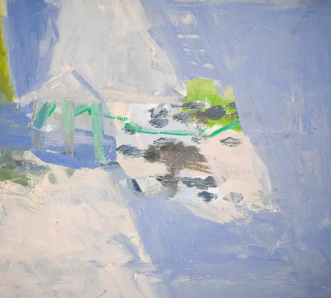 Square, abstract expressionist oil painting on canvas in blue, periwinkle, teal and green against pale grey with accents of yellow and peach
'Up Close, Moving Back' by Jenny Nelson
Oil on linen, made in 2019
48 x 48 x 2 inches
sturdy Aluminum