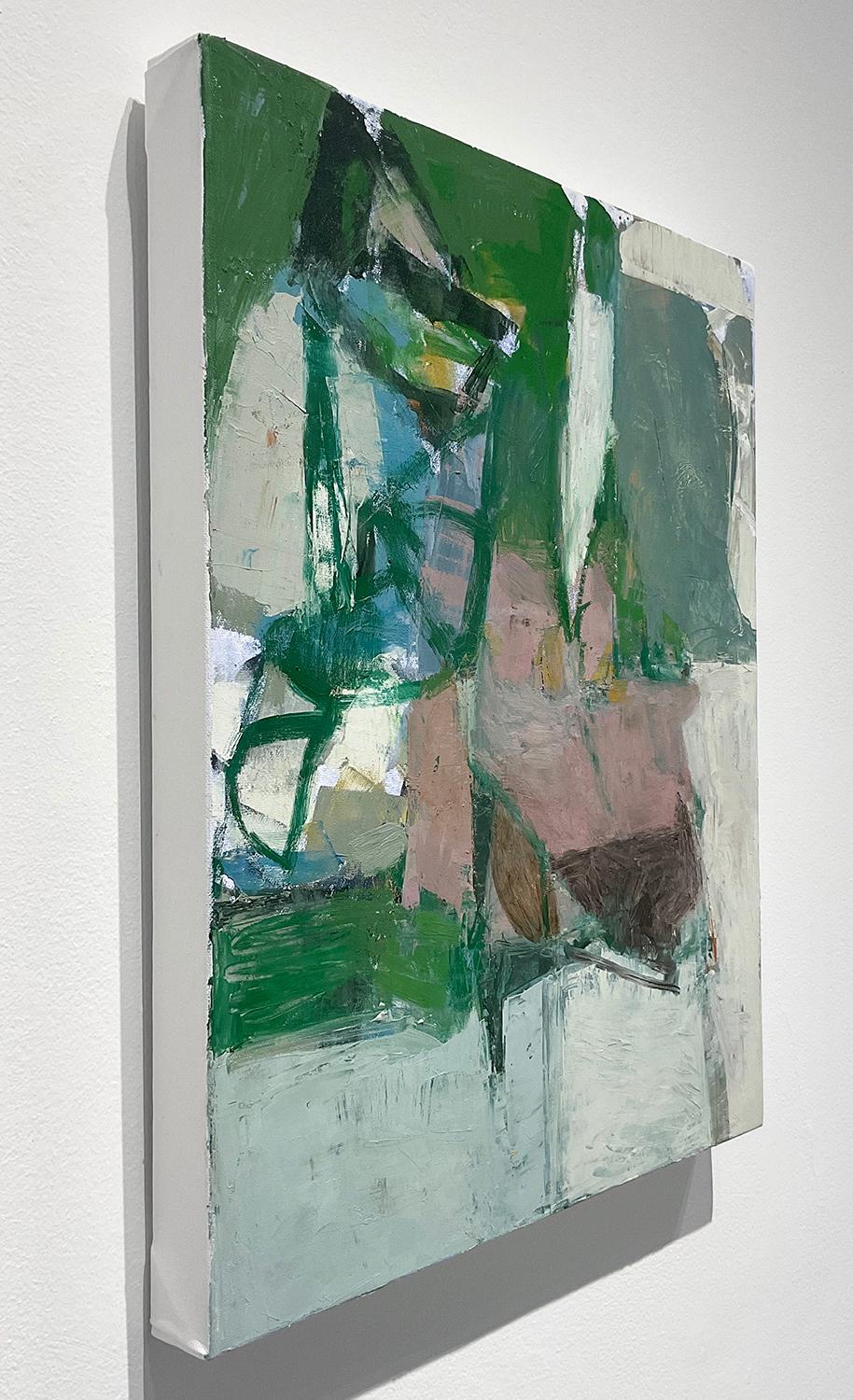 Vertikales, abstraktes expressionistisches Ölgemälde auf Leinwand in Steinblau, staubigem Pfirsich, Grün und Schwarz vor grauem Hintergrund
Was weiß ich von diesem Ort (3)