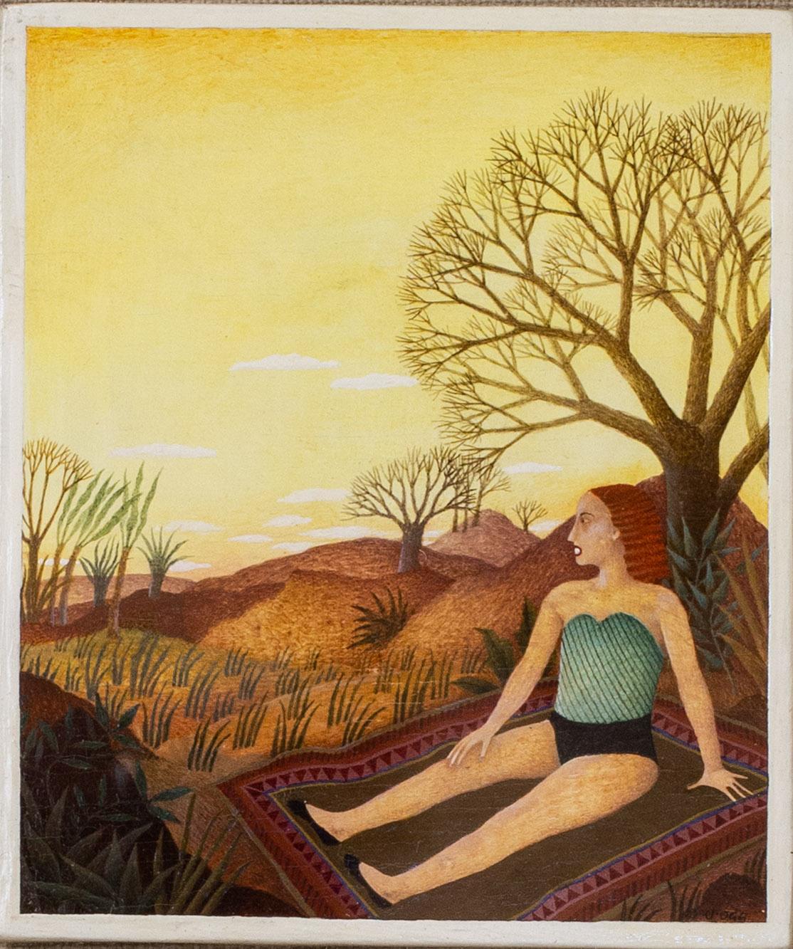 20th Century British artist Jenny Ogg oil on panel, lady sunbathing For Sale 1