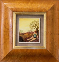 Vintage 20th Century British artist Jenny Ogg oil on panel, lady sunbathing