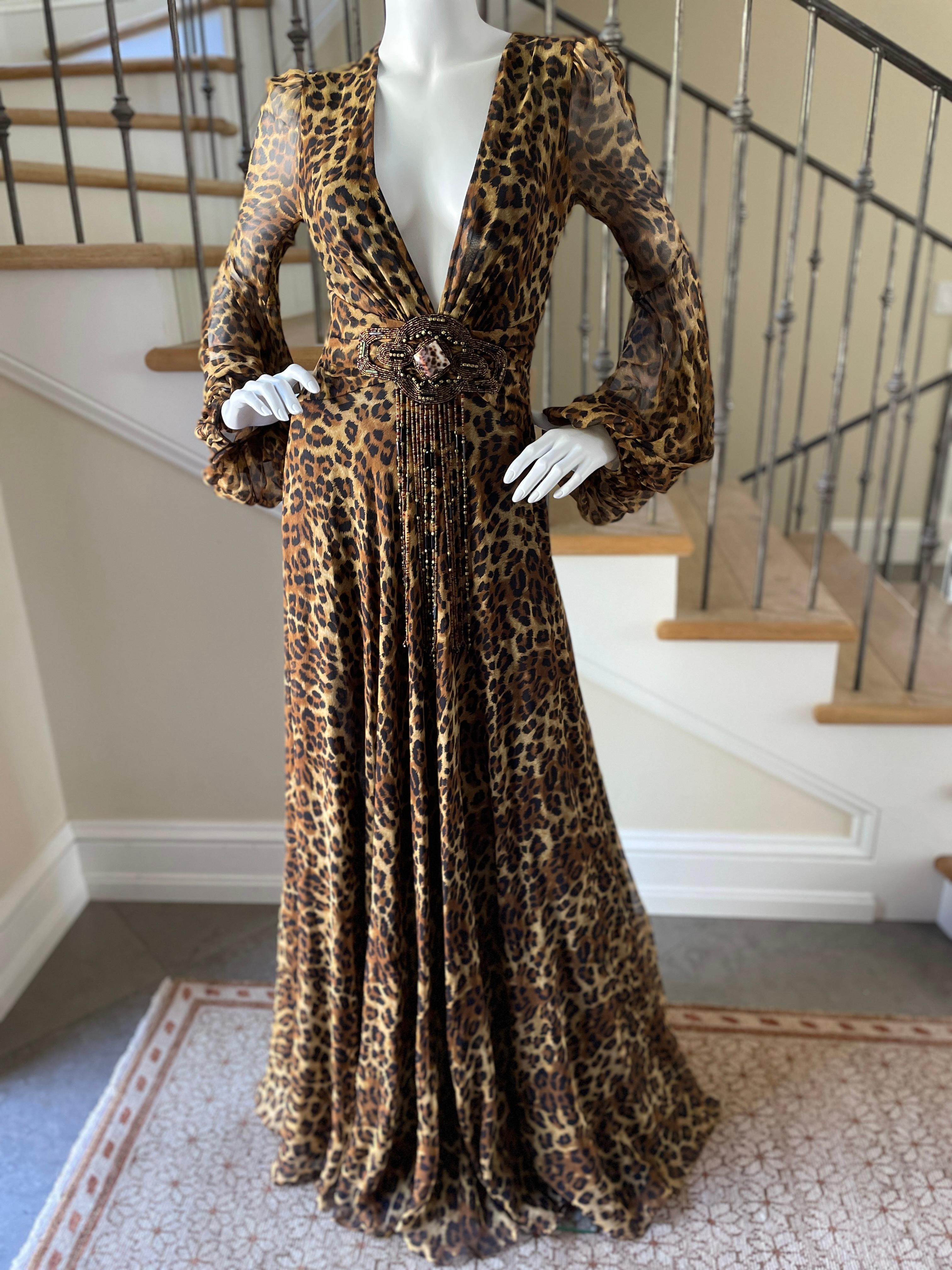Black Jenny Packham 2007 Silk Leopard Print Plunging Embellished Evening Dress Sz 10UK For Sale