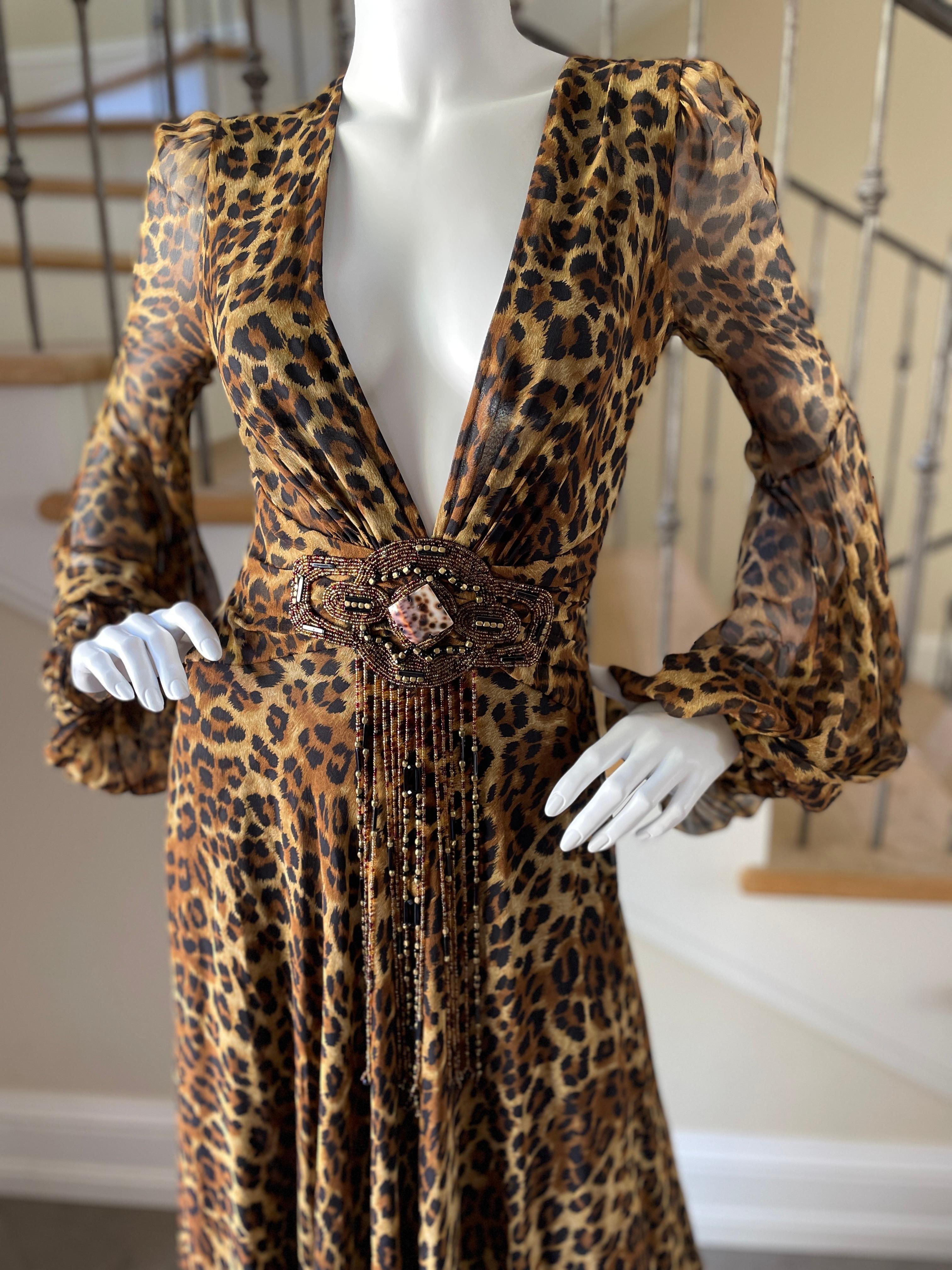 Jenny Packham 2007 Silk Leopard Print Plunging Embellished Evening Dress Sz 10UK In New Condition For Sale In Cloverdale, CA