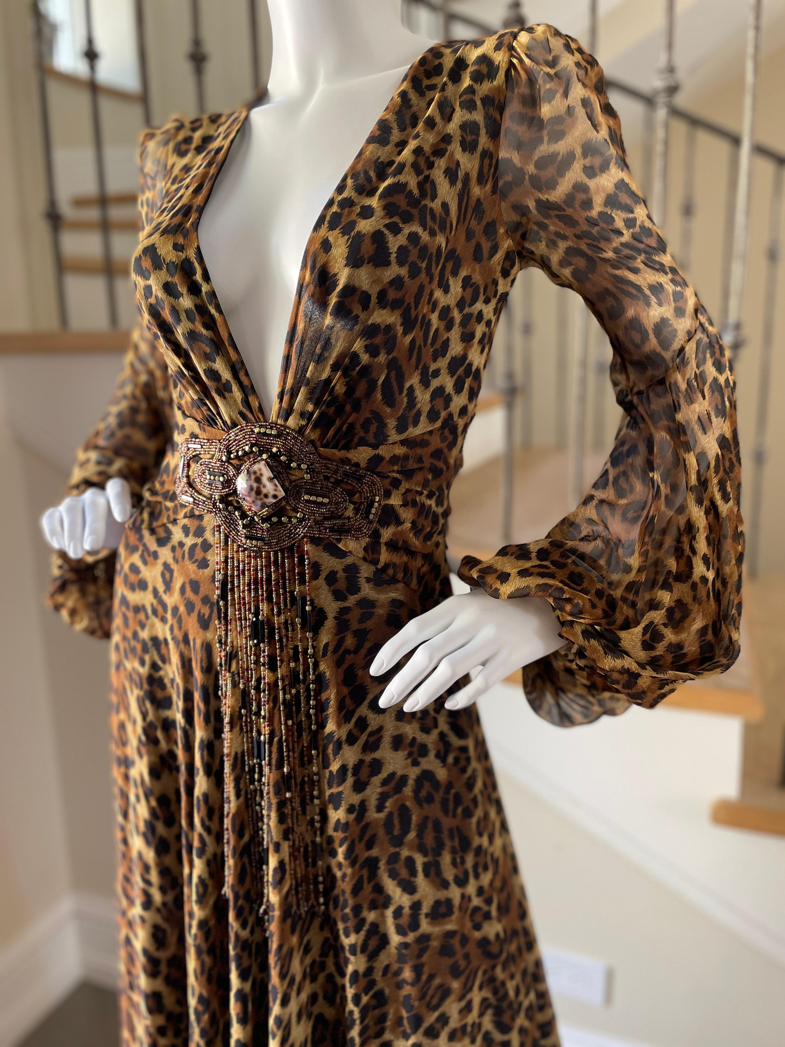 Women's Jenny Packham 2007 Silk Leopard Print Plunging Embellished Evening Dress Sz 10UK For Sale
