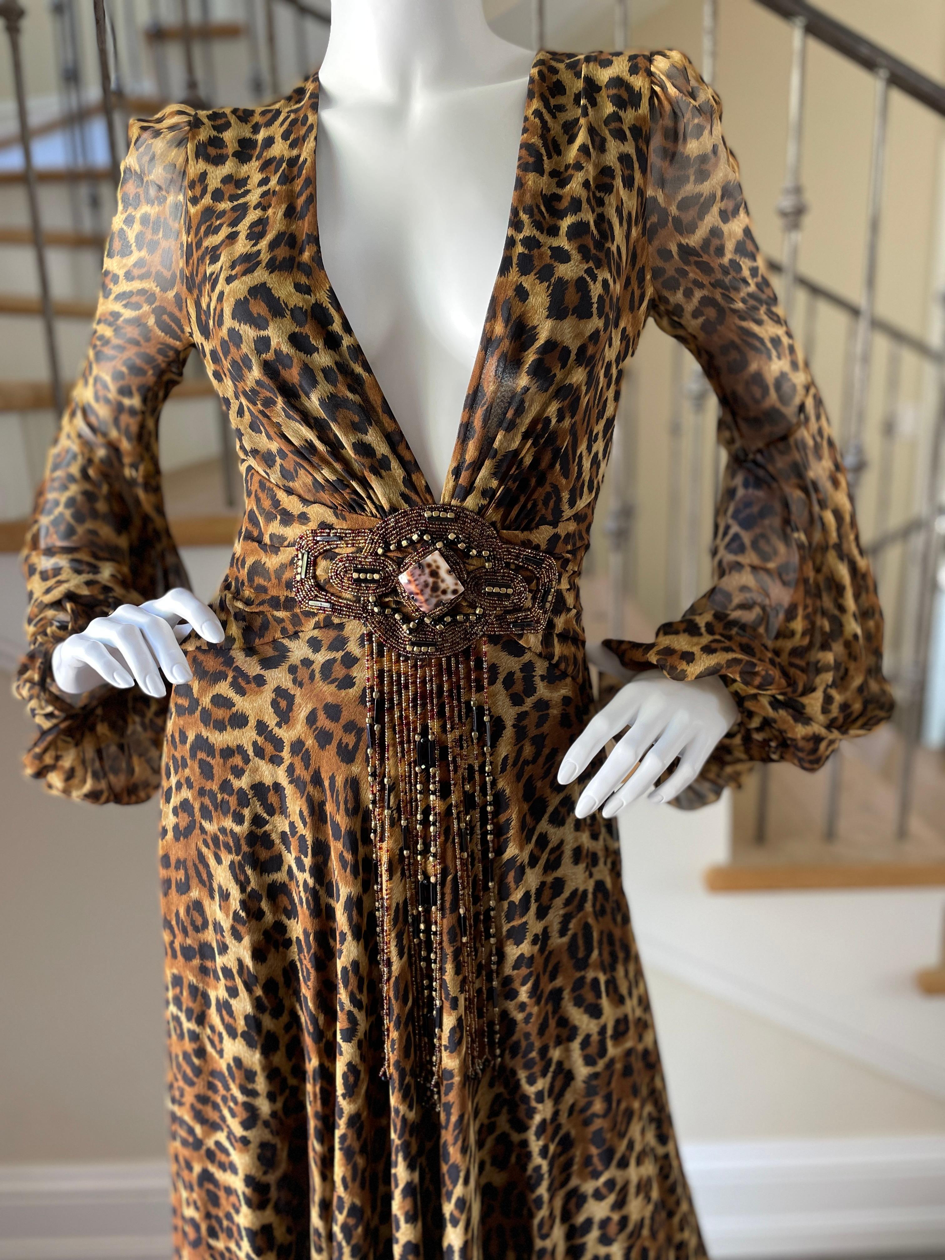 Jenny Packham 2007 Silk Leopard Print Plunging Embellished Evening Dress Sz 10UK For Sale 1