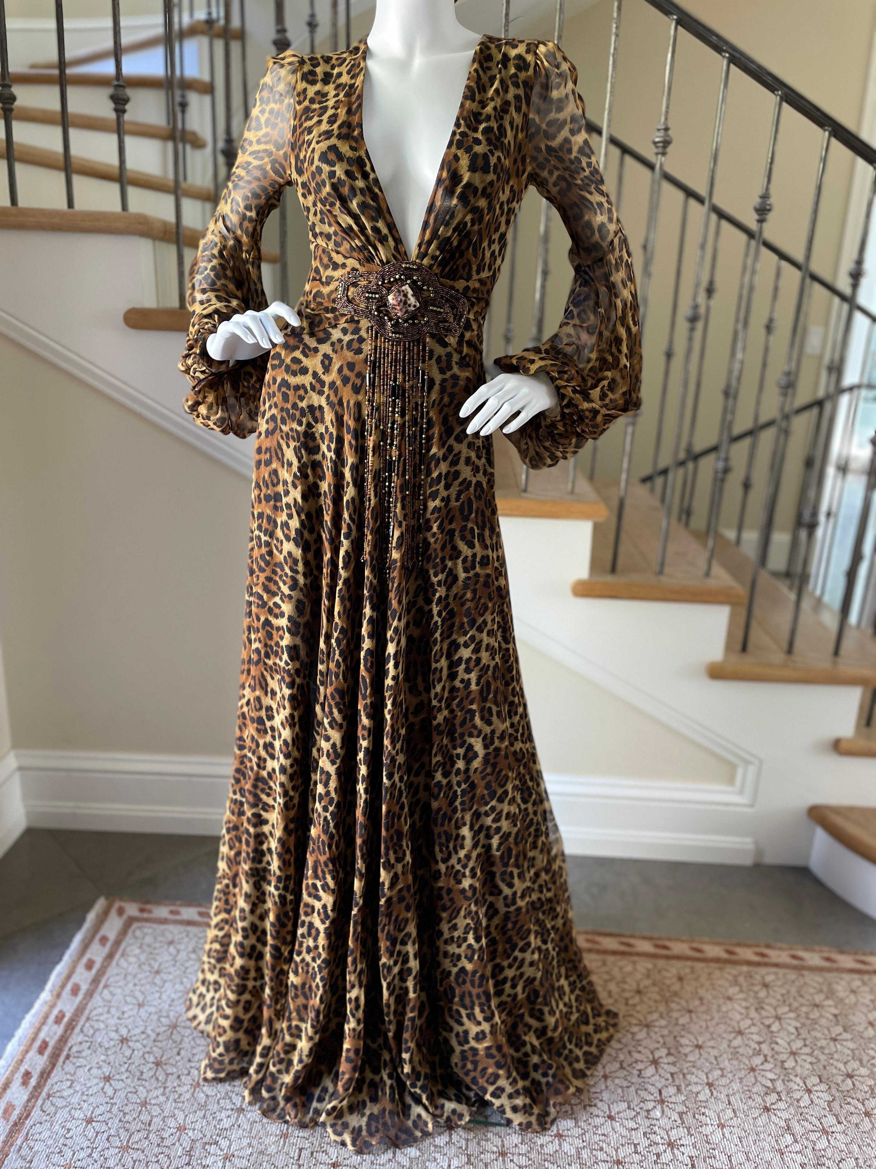 Jenny Packham 2007 Silk Leopard Print Plunging Embellished Evening Dress Sz 10UK For Sale 2