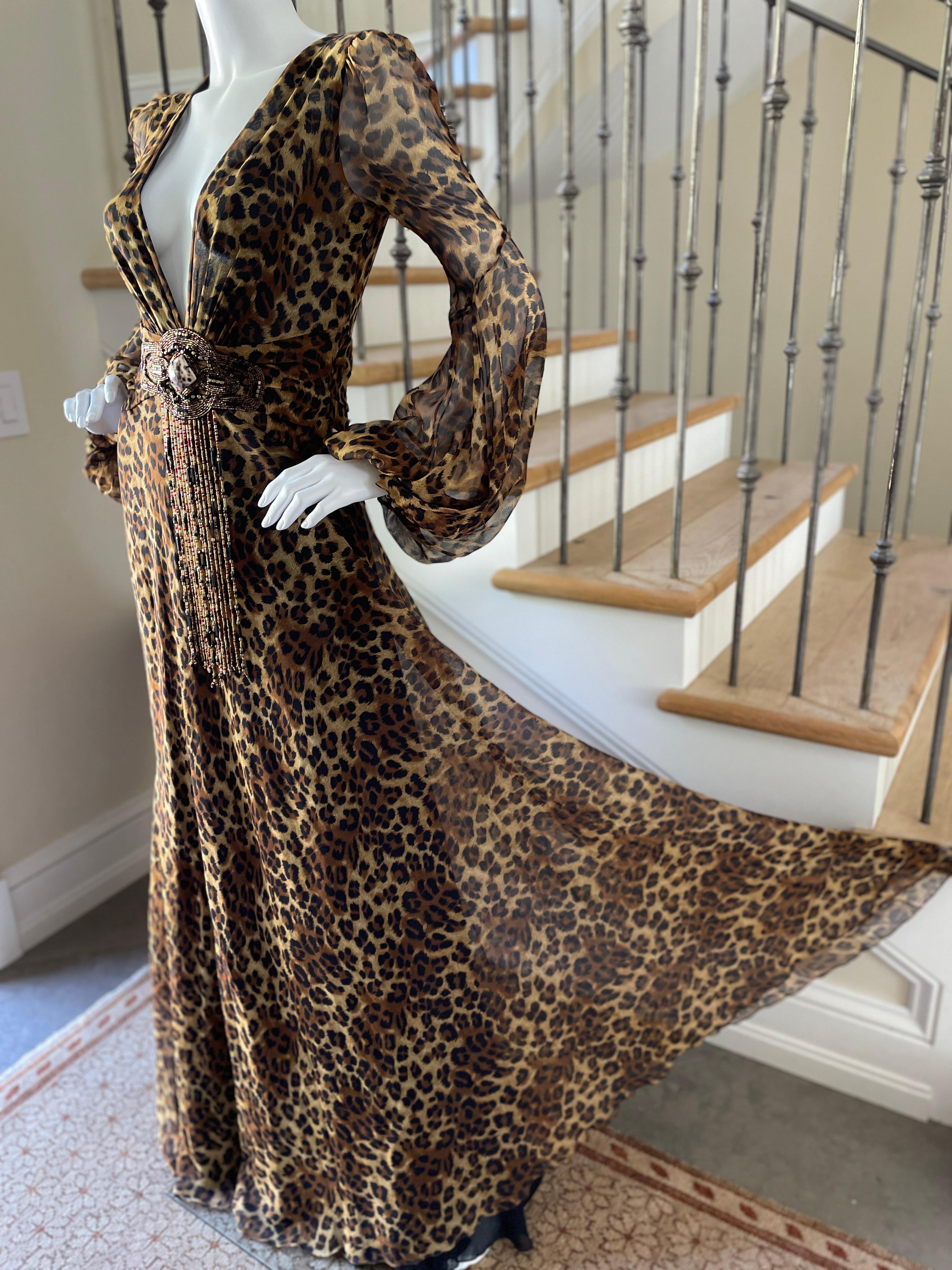 Jenny Packham 2007 Silk Leopard Print Plunging Embellished Evening Dress Sz 10UK For Sale 3