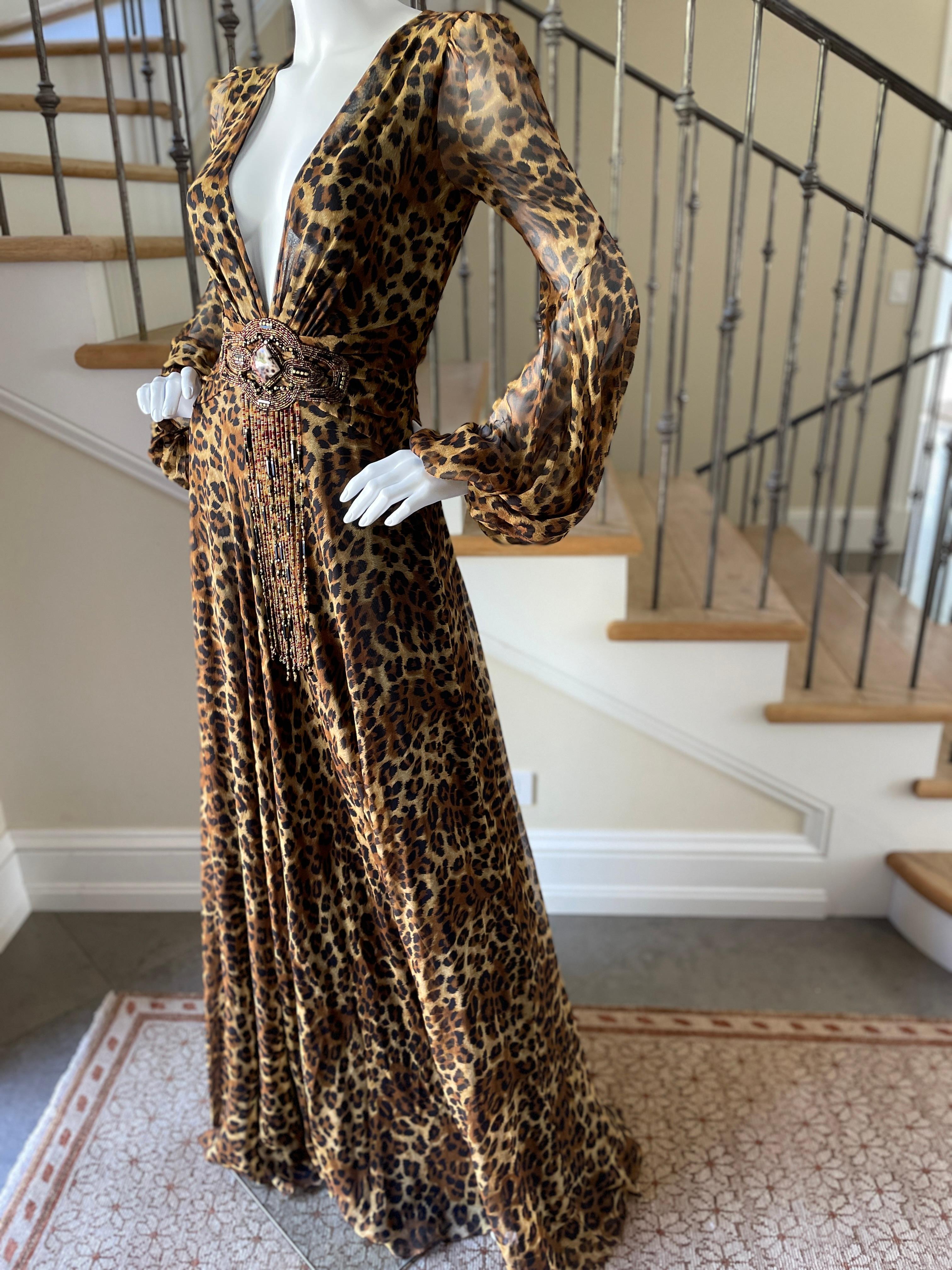Jenny Packham 2007 Silk Leopard Print Plunging Embellished Evening Dress Sz 10UK For Sale 4