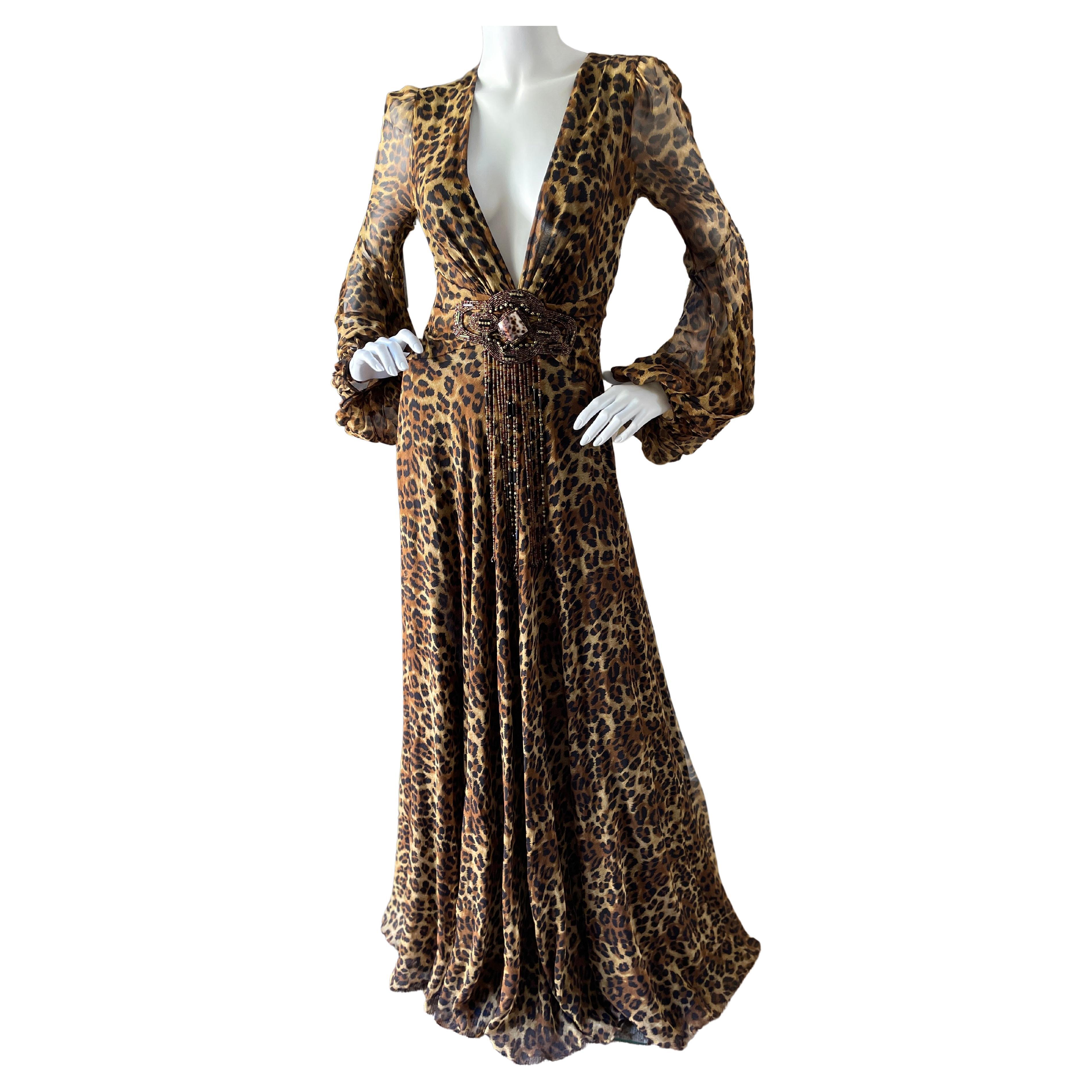 Jenny Packham 2007 Silk Leopard Print Plunging Embellished Evening Dress Sz 10UK For Sale